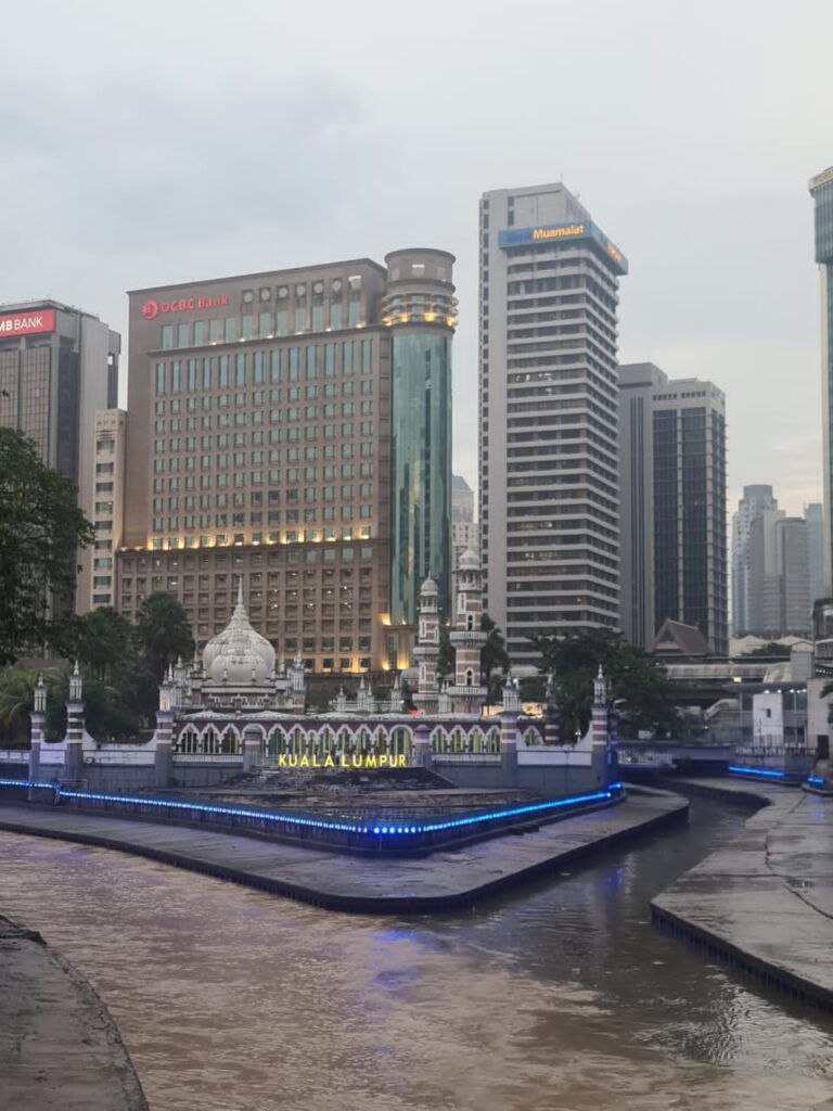 Illuminated Masjid Jamek along the River of Life Kuala Lumpur waterfront